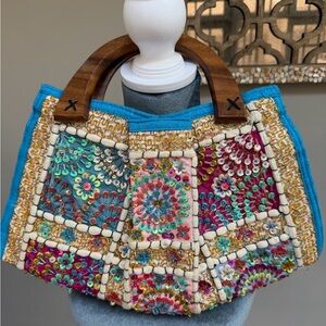 Unique multicolor wooden handle clutch purse beaded embroidered zip close fabric